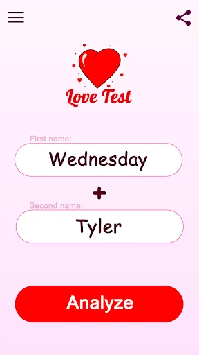 Love Test input screen showing Wednesday and Tyler names entered in text fields with red Analyze button for compatibility check