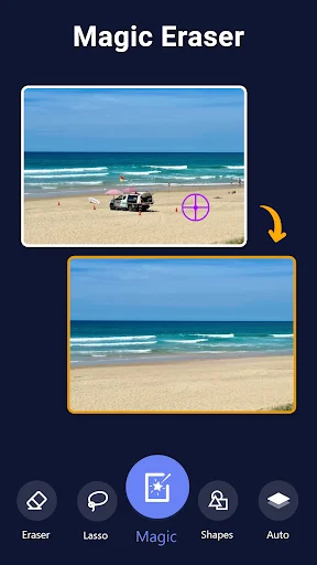 Magic Eraser instantly removes objects from beach photo, demonstrating background eraser deletion feature
