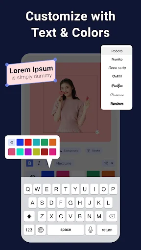 Text and Colors customization with font styles, color palette, and keyboard for personalized image editing