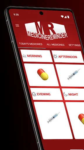 Daily Medicine Reminder app home screen showing medicine schedule with morning, afternoon, evening, and night pill reminders on red grid interface