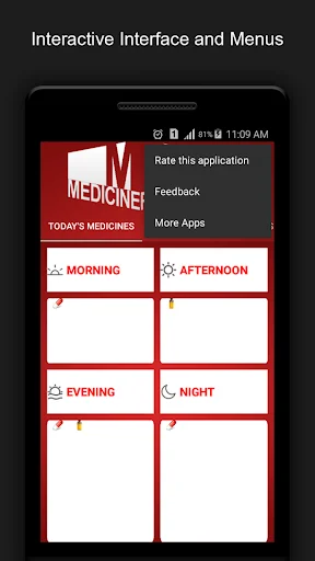 App menu dropdown showing options for rate application, feedback, and more apps
