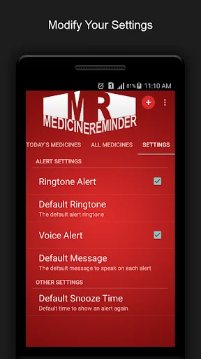 Settings screen displaying alert options including ringtone alert, voice alert, and default snooze time configuration