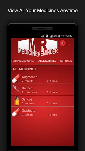 All medicines list view showing complete inventory of stored medications with dosage amounts and reminder frequency