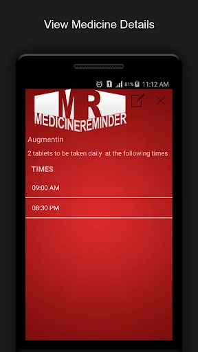 Medicine detail screen for Augmentin showing dosage information and scheduled times for medication