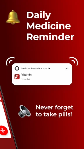 Daily Medicine Reminder app notification popup showing vitamin tablet reminder with bell icon and text 'Never forget to take pills'
