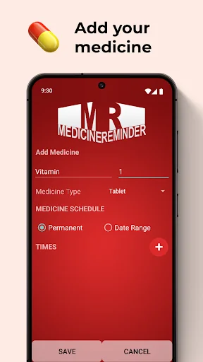 Add medicine form with fields for medicine name, type selection, schedule options, and times with save and cancel buttons