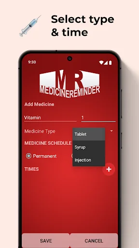 Medicine type dropdown menu displaying options including tablet, syrup, and injection for selecting medicine form