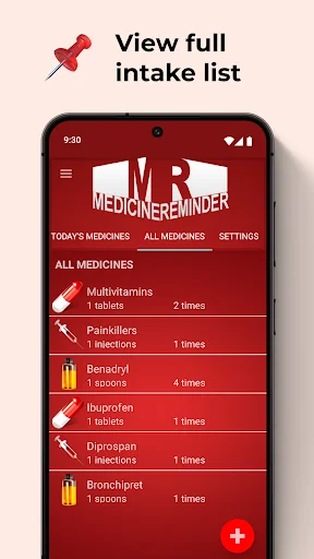 Complete medicine intake list displaying multiple medications with quantities and daily reminder times on scrollable view