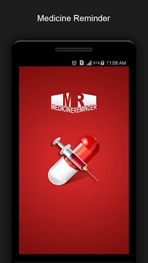 Daily Medicine Reminder app splash screen featuring logo and syringe icon on red background