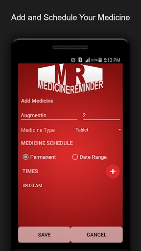 Add and schedule medicine interface showing Augmentin medicine with tablet type, permanent schedule, and time slots