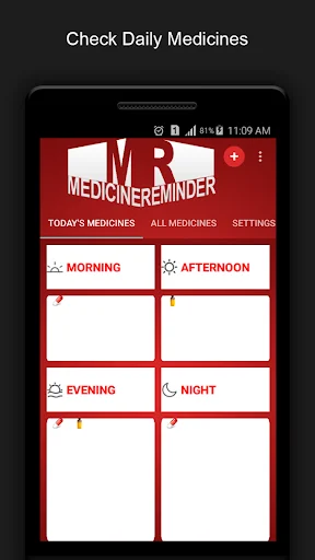 Today's medicines grid view showing morning, afternoon, evening, and night time slots for tracking daily medicine intake