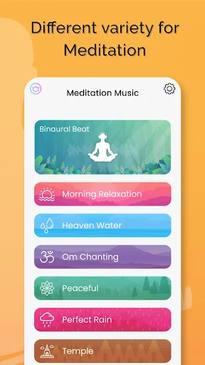 Meditation categories menu: Binaural Beat, Morning Relaxation, Heaven Water, Om Chanting, Peaceful, Perfect Rain, Temple
