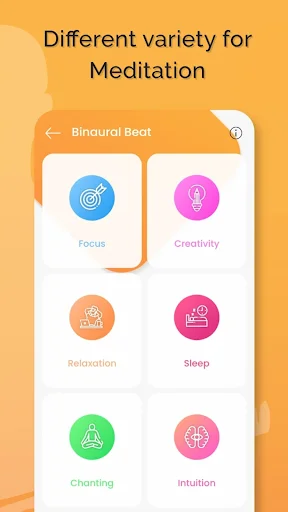 Binaural Beat meditation modes: Focus, Creativity, Relaxation, Sleep, Chanting, and Intuition sound options
