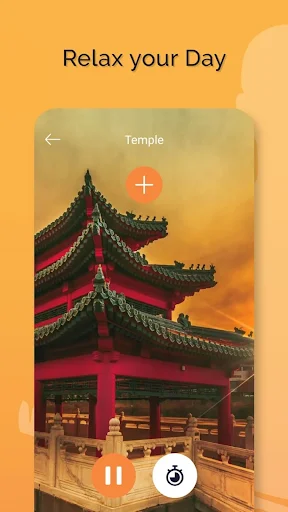 Temple meditation session interface with play controls and timer for guided yoga and relaxation music