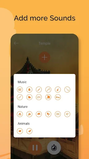 Sound customization menu showing Music, Nature, and Animals sound categories for meditation music tracks