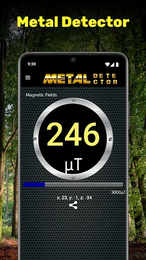 Metal Detector app main screen displaying magnetic field strength reading of 246 microTesla on circular gauge
