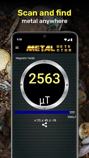 Metal Detector app scanning interface showing magnetic field reading of 2563 microTesla for detecting metals
