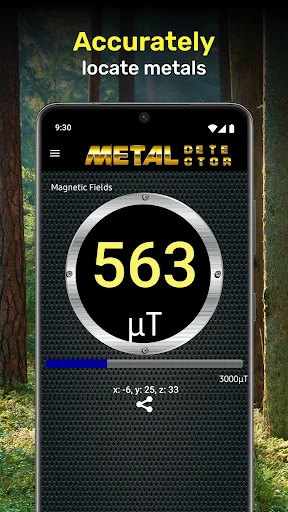 Metal Detector app displaying accurate magnetic field reading of 563 microTesla to locate metal objects precisely
