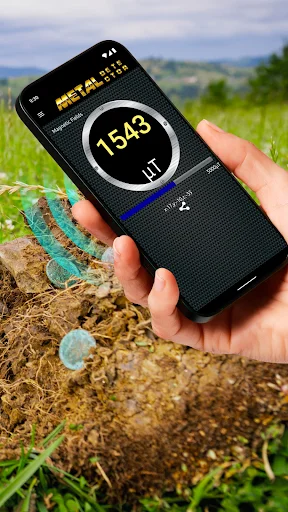Person using Metal Detector app outdoors showing 1543 microTesla reading while scanning for metal objects on ground