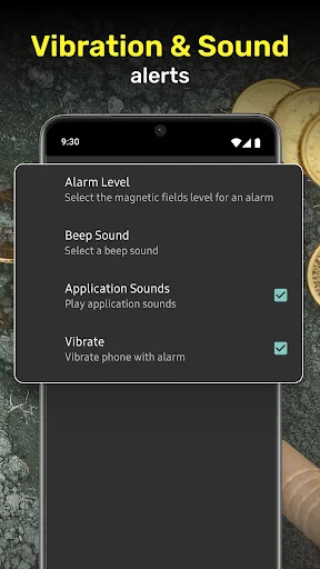 Metal Detector app settings menu showing vibration and sound alert options including alarm level and beep sound