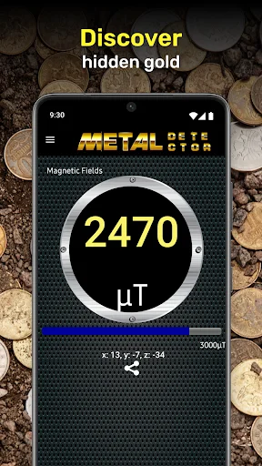 Metal Detector app displaying 2470 microTesla reading for discovering hidden metals and gold with gauge interface
