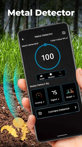 Metal Detector interface with gauge showing detection value 100, analog, digital, graph modes for finding metals