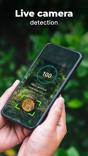 Live camera detection showing real-time metal detection overlay with accuracy gauge detecting gold objects