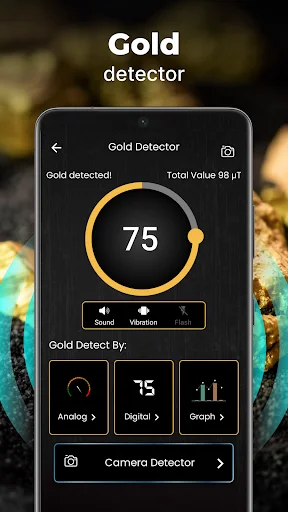 Gold Detector interface displaying detection value 75 with gold gauge, sound vibration controls and analysis modes