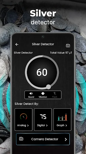 Silver Detector interface showing detection value 60 with silver gauge, audio visual controls and detection analysis