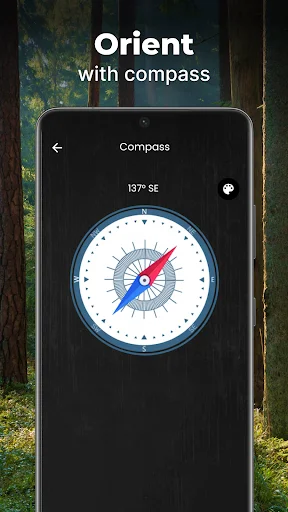 Compass tool interface displaying directional reading 137° SE with circular compass rose for navigation
