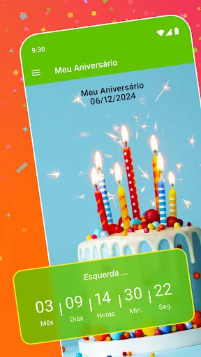 Birthday event countdown timer displaying 3 days 9 hours 14 minutes remaining with decorated candles