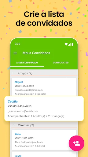 Guest list manager displaying invited contacts with phone numbers organized by relationship category
