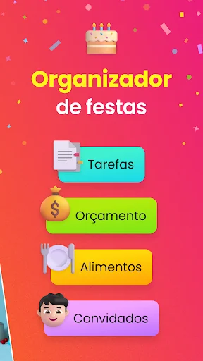 Party organizer menu providing quick access to task list budget tracker food and guest management