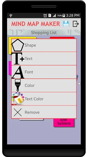 Node editing panel in mind mapping app showing customization options for shape, text, font, color, and remove functions