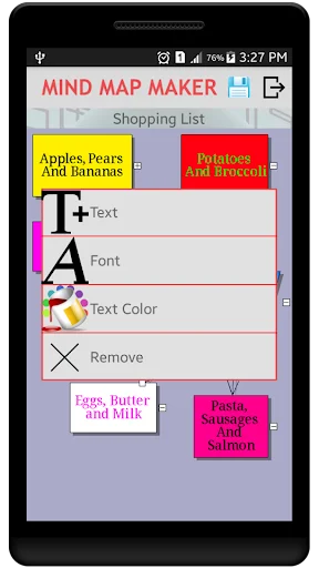 Shopping List mind map with visible customization controls for modifying node appearance and content in real-time