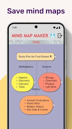 Study mind map organizing exam preparation by subject including mathematics, science, and history with detailed topic breakdowns