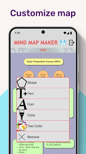 Mind map customization menu with options to edit shape, text, font, color, and text color of individual nodes