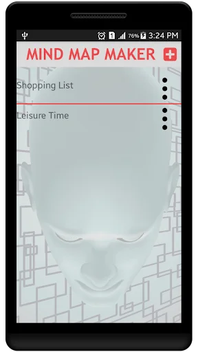 Mind Mapping app home screen displaying Shopping List and Leisure Time mind map projects in navigation menu