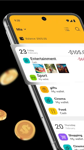 Money Manager app dashboard showing expense categories like Entertainment, Sport, Gifts, Cinema, Food, and Shopping with daily spending totals and balance of $105.00