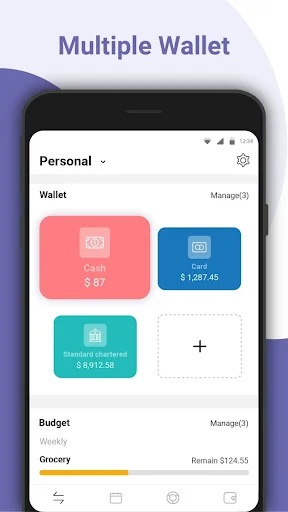 Multiple Wallet feature displaying Personal account with three wallets: Cash $8.87, Card $1,297.45, Standard chartered $4,012.58, plus Budget tracking section