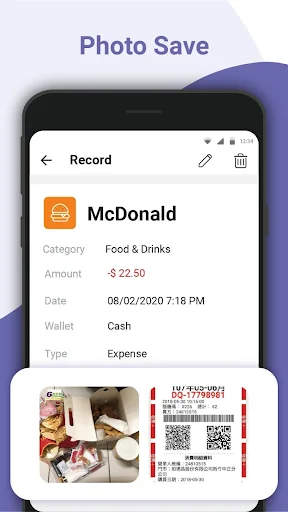Photo Save feature showing McDonald Food & Drinks expense record for $22.50 with date, time, Cash wallet source, and photos including receipt QR code