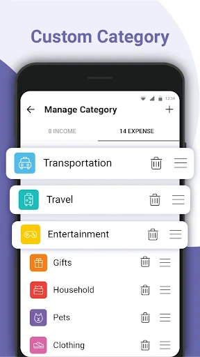 Custom Category management screen showing 8 Income and 14 Expense categories including Transportation, Travel, Entertainment, Gifts, Household, Pets, Clothing