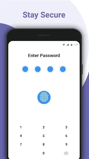Stay Secure password entry screen with four input dots, fingerprint biometric authentication icon, and numeric keypad for app security