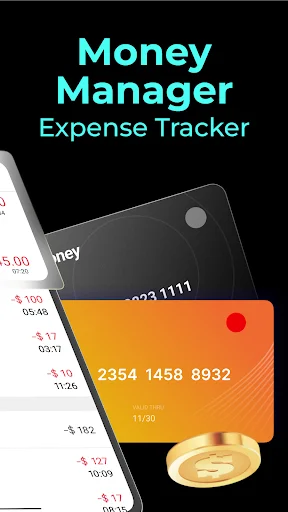 Money Manager Expense Tracker app branding with orange credit card displaying card number 2354 1458 8932 and decorative gold coins