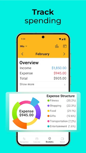 Track spending feature showing February overview with income $1,850.00, expense $945.00, total $905.00, and colorful expense structure pie chart