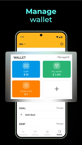 Manage wallet section displaying multiple payment methods including blue card $90, green card $2,000, orange credit card, plus Goal and Debt management options