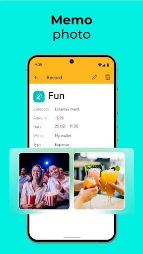 Memo photo feature showing expense record entry for Entertainment category with $25 amount, date, time, and attached photos of social gathering