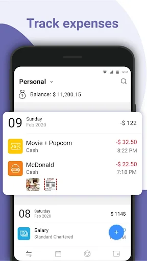 Track expenses interface showing Personal account with balance $11,209.15 and recent expenses including Movie + Popcorn $32.50 and McDonald $22.50