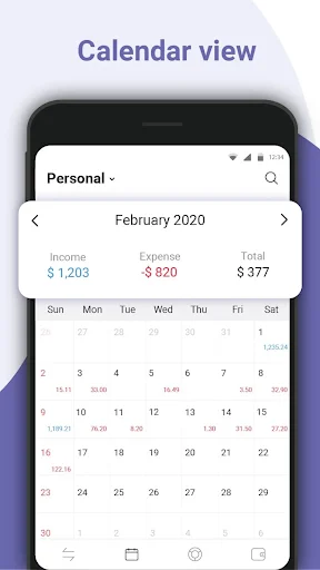 Calendar view for February 2020 displaying daily income $1,203, expense $820, total $377 with detailed calendar grid for expense tracking