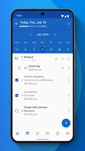 My Daily Planner app main interface showing July 2026 calendar, task progress at 50%, and daily to-do list with checked and unchecked tasks including workout, casual day, market shopping, and car service